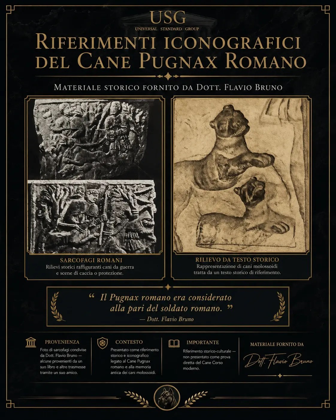 USG iconographic overview for Cane Pugnax romano with Roman sarcophagus references and Dott. Flavio Bruno credit.