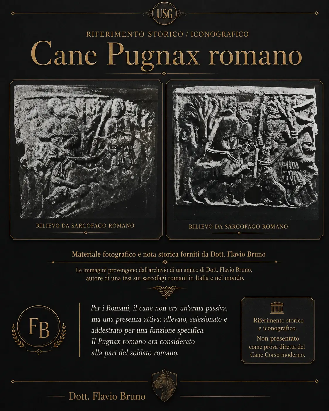 USG historical panel with Roman sarcophagus reliefs connected to Cane Pugnax romano and Dott. Flavio Bruno.
