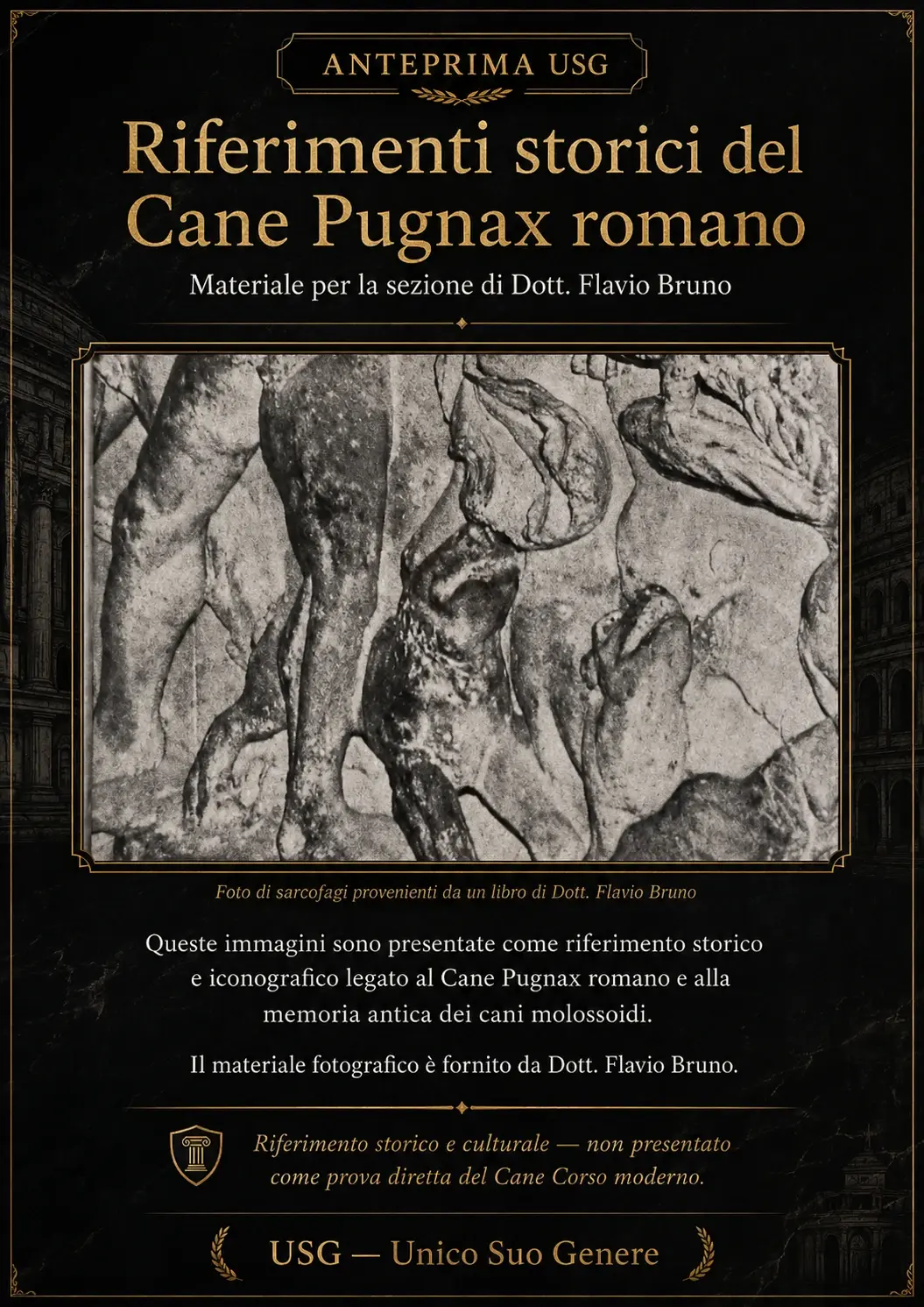USG preview titled Riferimenti storici del Cane Pugnax romano, based on material supplied by Dott. Flavio Bruno.