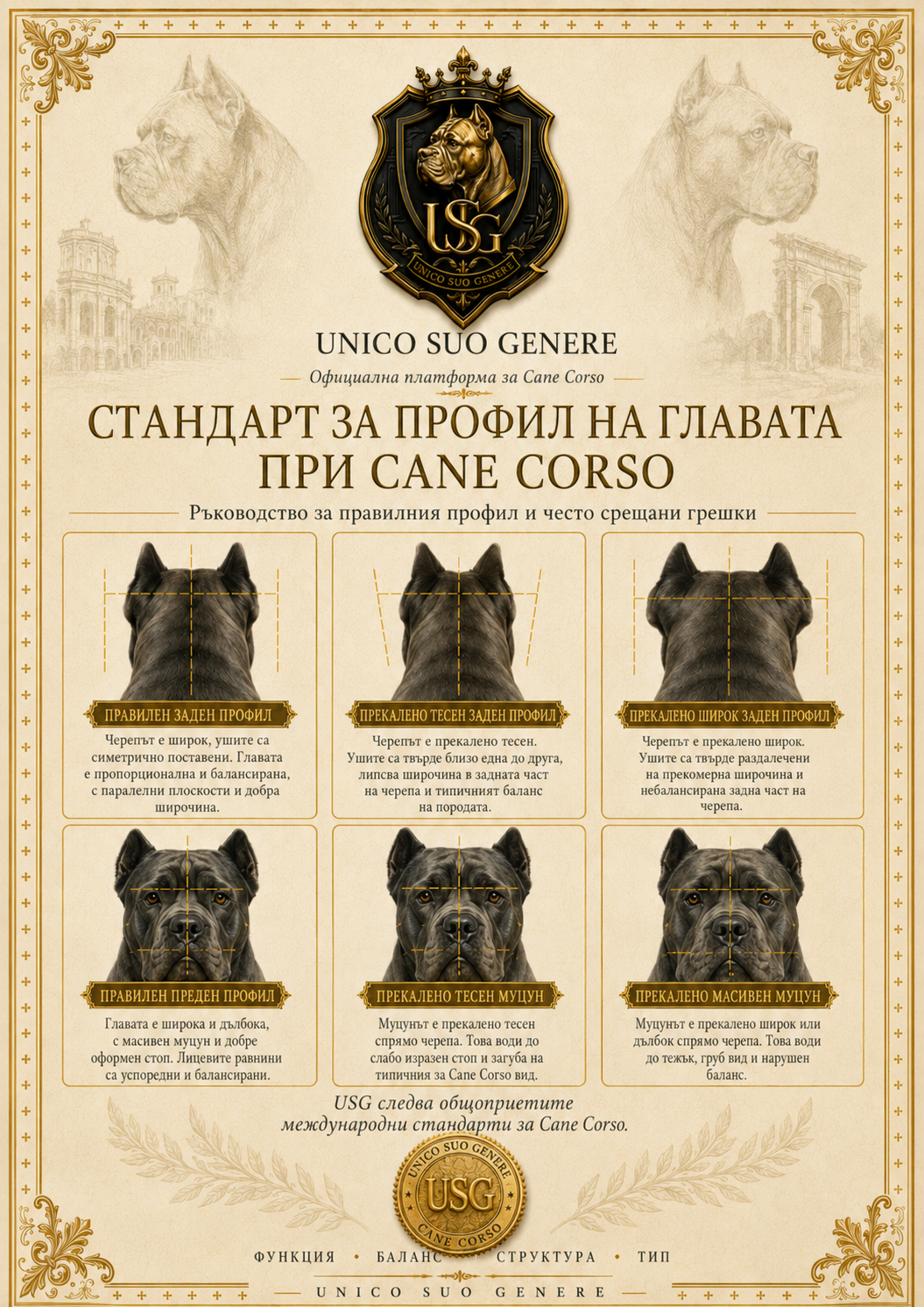 USG Visual Atlas reference for Cane Corso head profile, muzzle, and axes